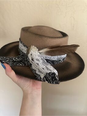 Brown Felt Fedora Hat with Lace Band and Feather Accent